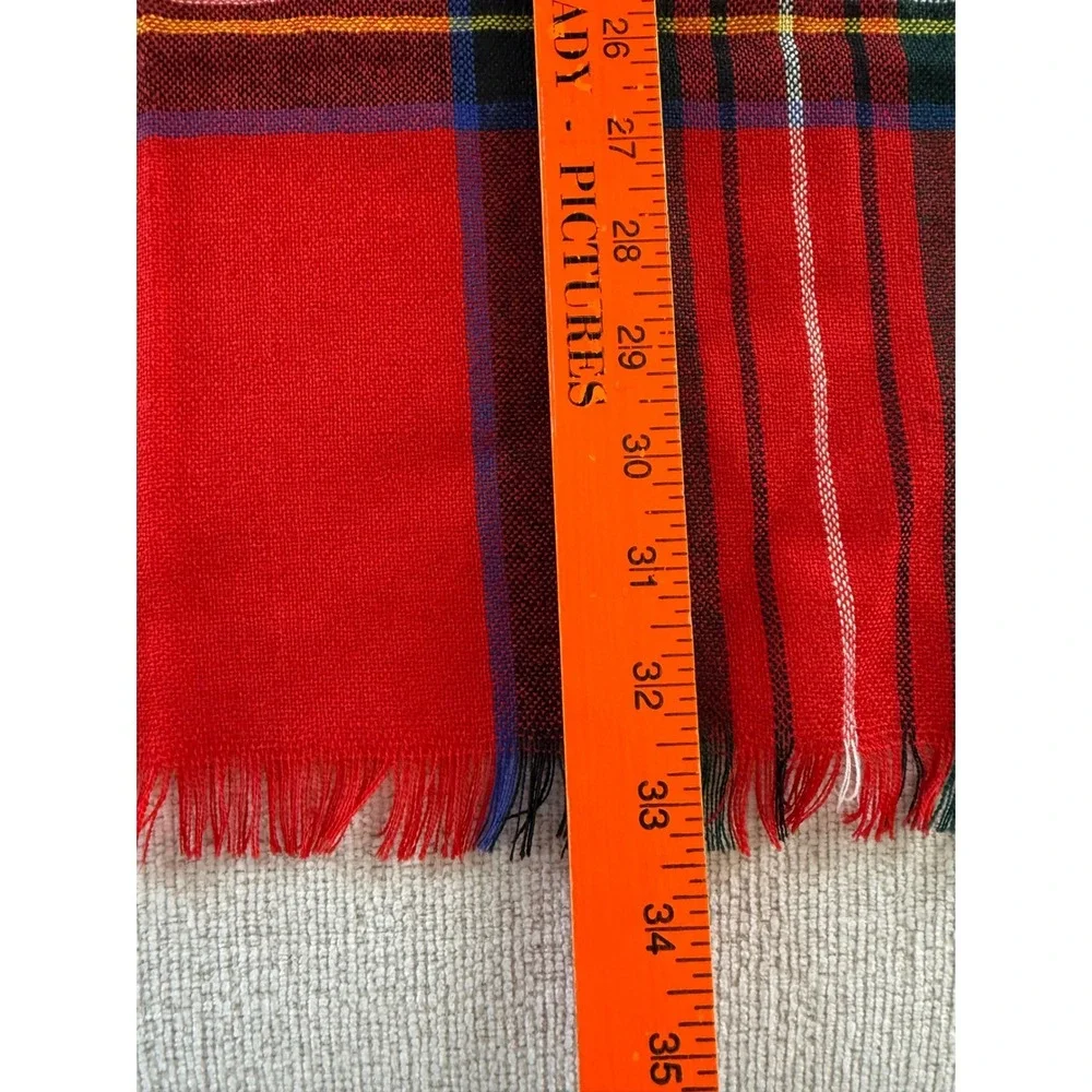 VTG Pure New Wool Red Plaid Tartan Square Scarf Fringe Made In United Kingdom